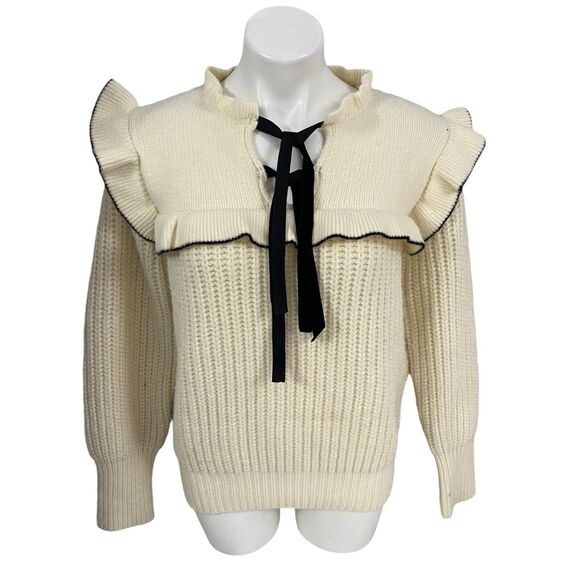 Sweater Womens Large Cable Knit Ruffle Preppy Cottage Peasant Feminine Cozy - Picture 1 of 15